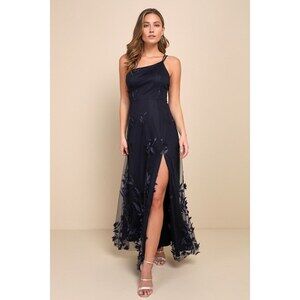 Lulus Navy Blue 3d Floral Applique One-shoulder Maxi Dress - Size XL
